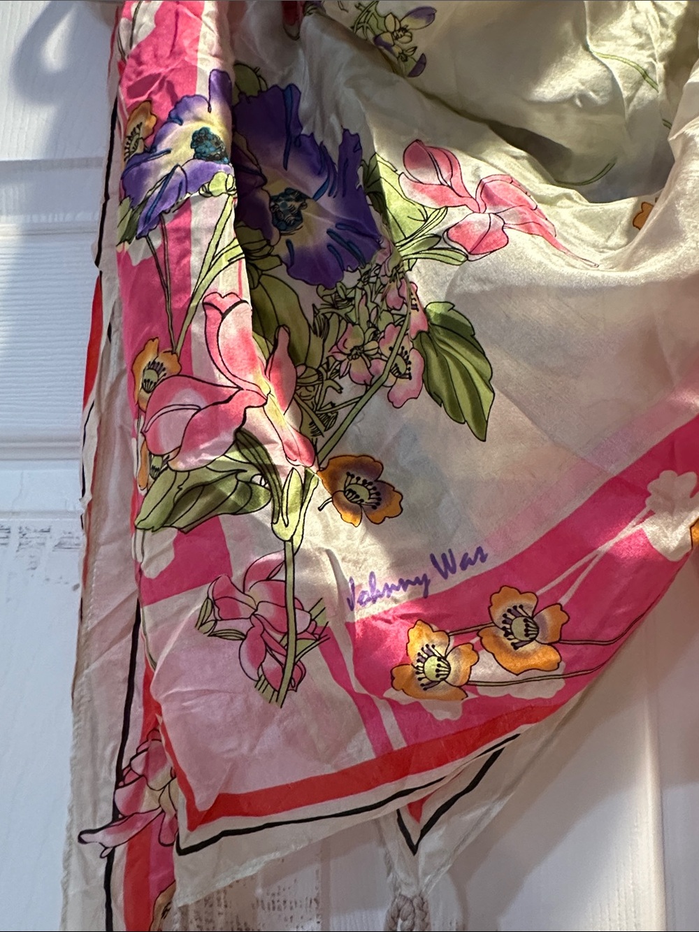 Johnny Was Large Boho Floral Silk Scarf Shawl with Tassels - Picture 2 of 7
